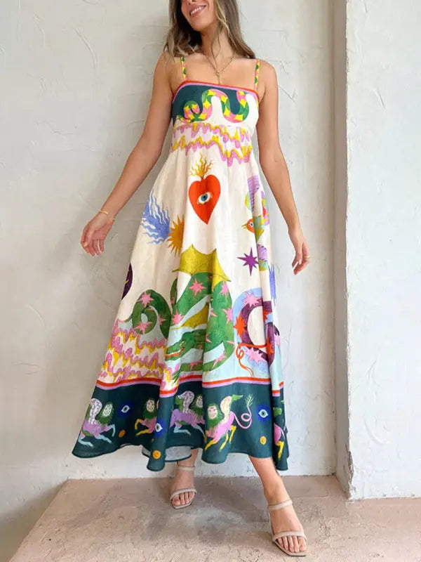 Blue Zone Planet |  Isabella's Abstract Botanical Print Spaghetti Strap Swing Maxi Dress BLUE ZONE PLANET