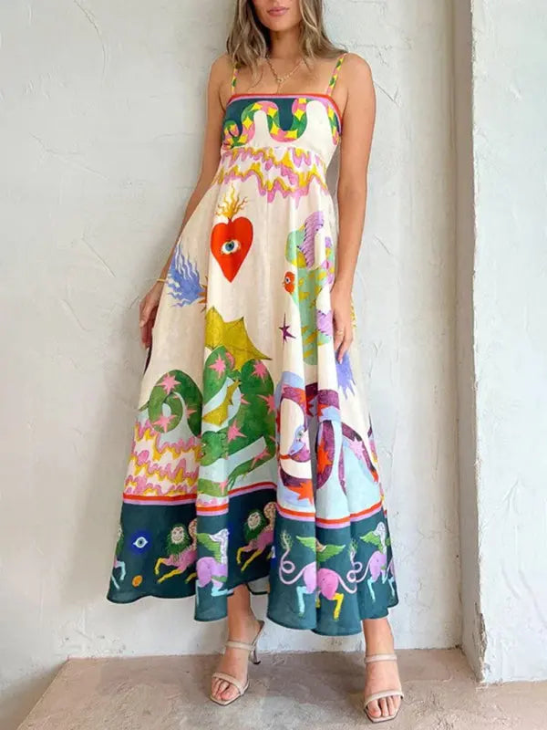 Blue Zone Planet |  Isabella's Abstract Botanical Print Spaghetti Strap Swing Maxi Dress BLUE ZONE PLANET