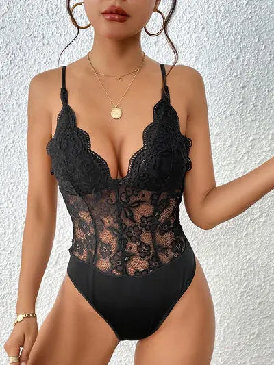Blue Zone Planet |  Isabella's Lace V-Neck Spaghetti Strap Bodysuit BLUE ZONE PLANET