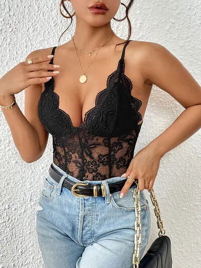 Blue Zone Planet |  Isabella's Lace V-Neck Spaghetti Strap Bodysuit BLUE ZONE PLANET