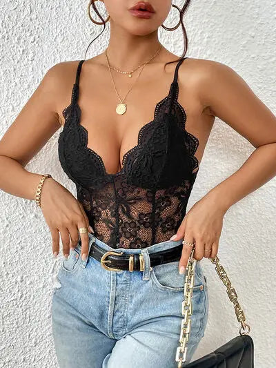 Blue Zone Planet |  Isabella's Lace V-Neck Spaghetti Strap Bodysuit BLUE ZONE PLANET
