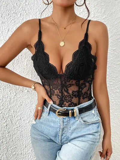 Blue Zone Planet |  Isabella's Lace V-Neck Spaghetti Strap Bodysuit BLUE ZONE PLANET