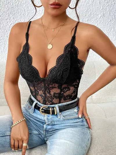 Blue Zone Planet |  Isabella's Lace V-Neck Spaghetti Strap Bodysuit BLUE ZONE PLANET