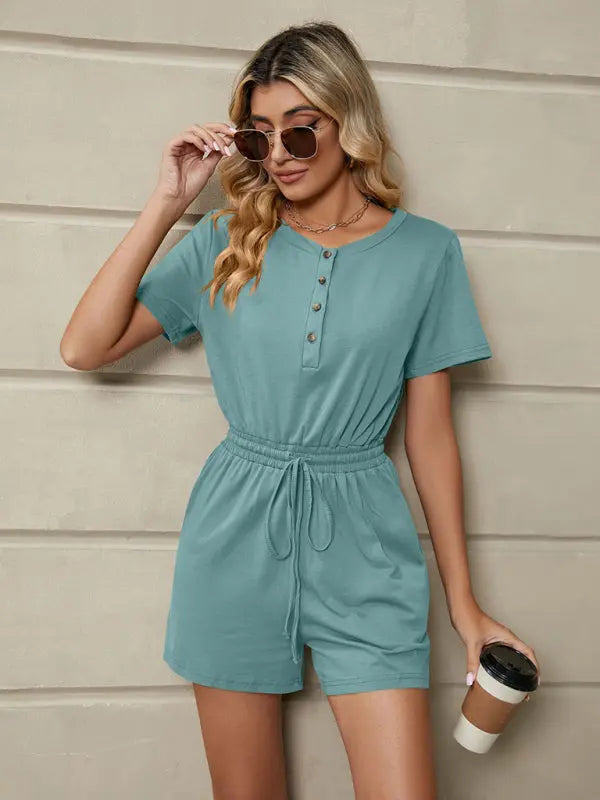 Blue Zone Planet |  Knit Loose Short Sleeve Button Tie Jumpsuit BLUE ZONE PLANET