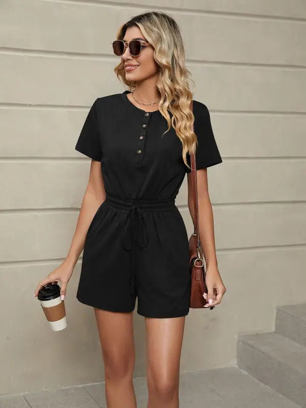 Blue Zone Planet |  Knit Loose Short Sleeve Button Tie Jumpsuit BLUE ZONE PLANET