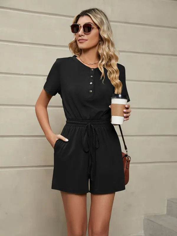 Blue Zone Planet |  Knit Loose Short Sleeve Button Tie Jumpsuit BLUE ZONE PLANET