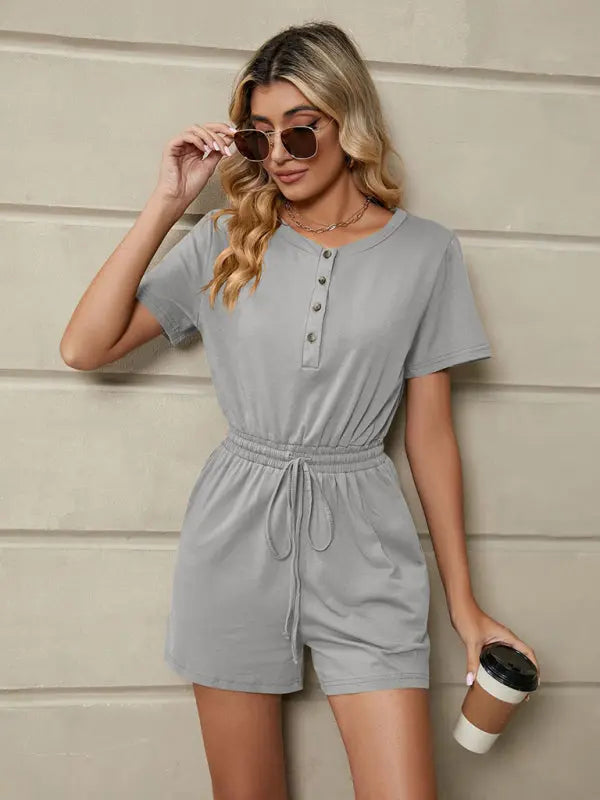 Blue Zone Planet |  Knit Loose Short Sleeve Button Tie Jumpsuit BLUE ZONE PLANET