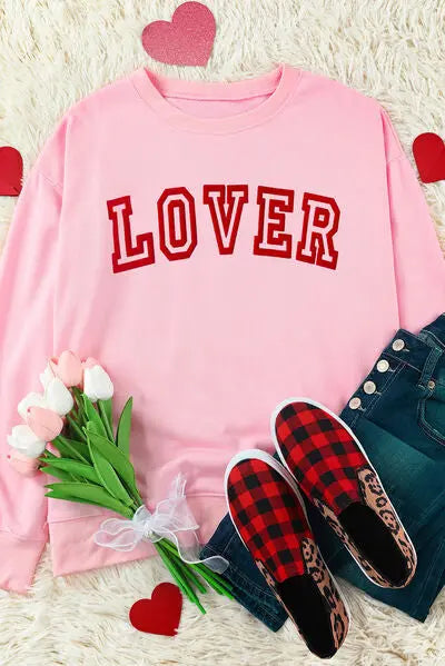 Blue Zone Planet |  LOVER Round Neck Dropped Shoulder Sweatshirt BLUE ZONE PLANET