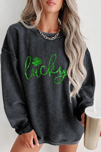 Blue Zone Planet |  LUCKY Round Neck Dropped Shoulder Sweatshirt BLUE ZONE PLANET