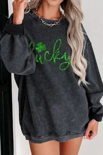 Blue Zone Planet |  LUCKY Round Neck Dropped Shoulder Sweatshirt BLUE ZONE PLANET