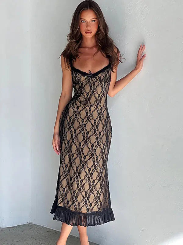 Blue Zone Planet | Lace Detailed Chest Bow Sling Maxi Dress BLUE ZONE PLANET