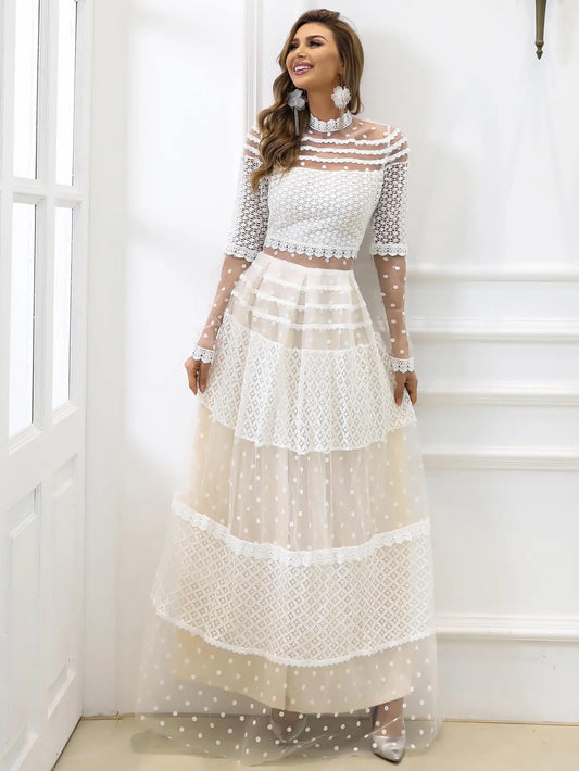 Blue Zone Planet |  Lace Polka Dot Spliced Mesh Maxi Dress BLUE ZONE PLANET