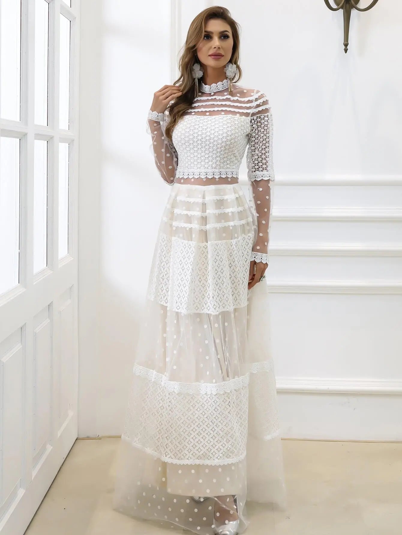 Blue Zone Planet |  Lace Polka Dot Spliced Mesh Maxi Dress BLUE ZONE PLANET
