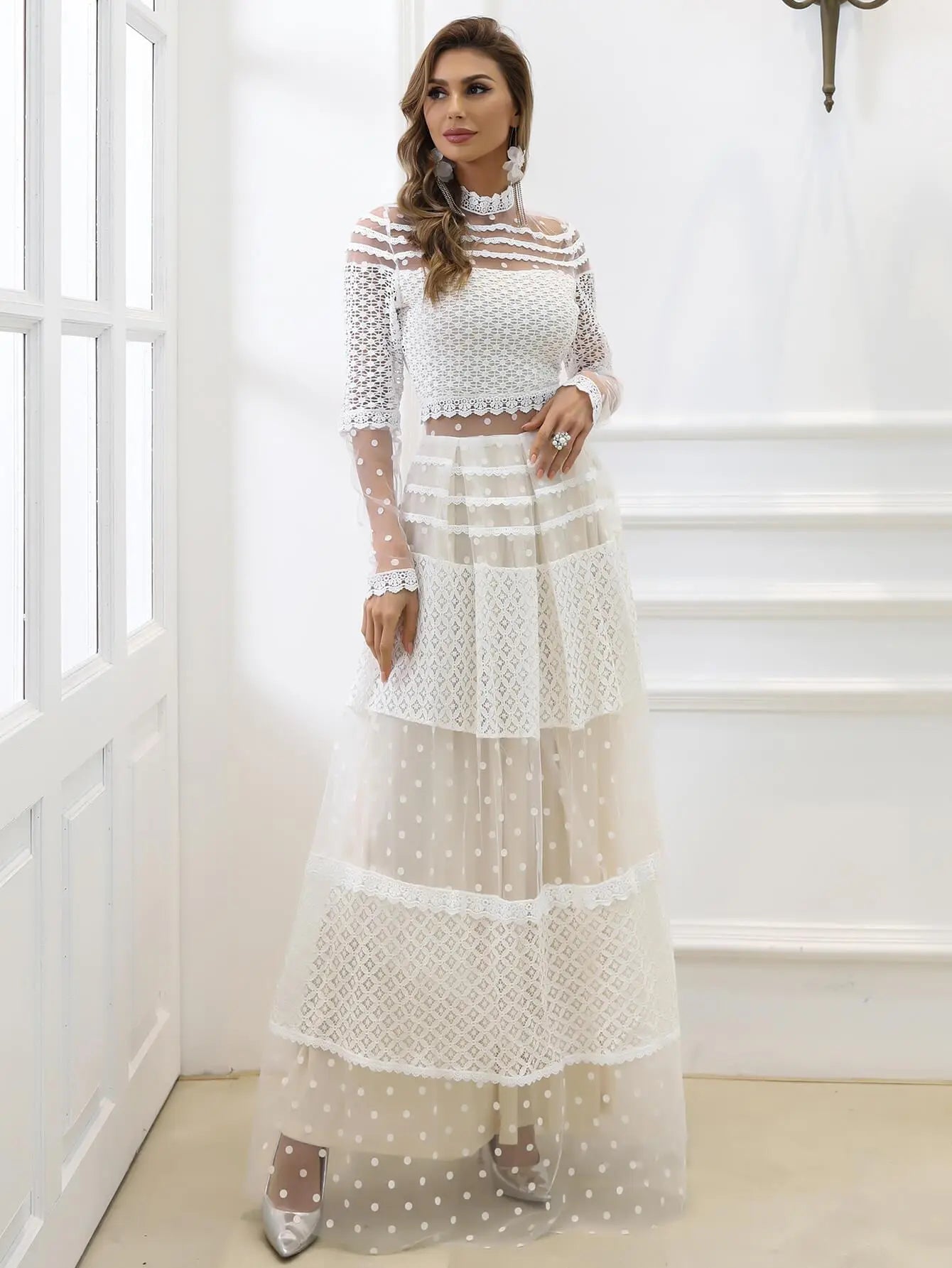 Blue Zone Planet |  Lace Polka Dot Spliced Mesh Maxi Dress BLUE ZONE PLANET