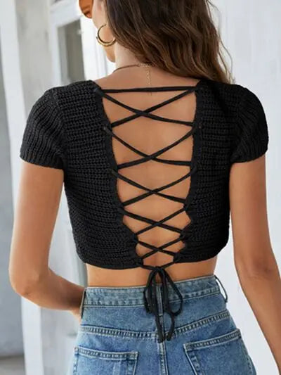 Blue Zone Planet |  Lace-Up Openwork Square Neck Sweater BLUE ZONE PLANET