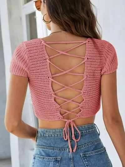 Blue Zone Planet |  Lace-Up Openwork Square Neck Sweater BLUE ZONE PLANET