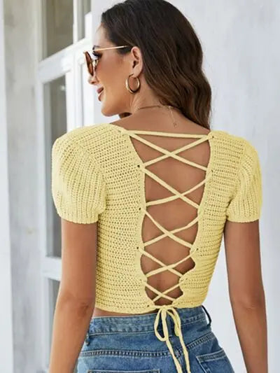 Blue Zone Planet |  Lace-Up Openwork Square Neck Sweater BLUE ZONE PLANET
