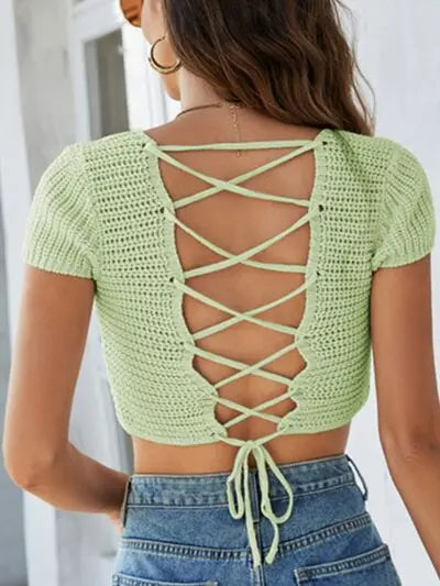 Blue Zone Planet |  Lace-Up Openwork Square Neck Sweater BLUE ZONE PLANET