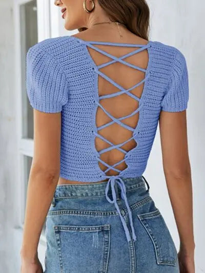 Blue Zone Planet |  Lace-Up Openwork Square Neck Sweater BLUE ZONE PLANET