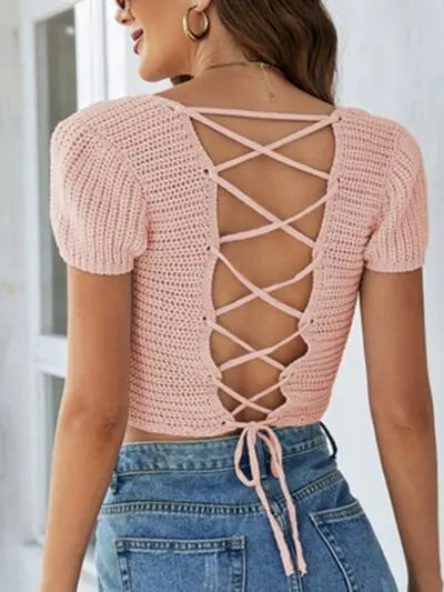 Blue Zone Planet |  Lace-Up Openwork Square Neck Sweater BLUE ZONE PLANET