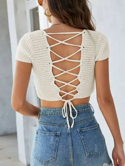 Blue Zone Planet |  Lace-Up Openwork Square Neck Sweater BLUE ZONE PLANET