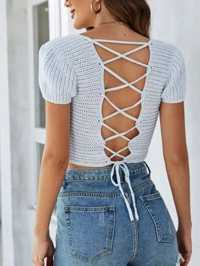 Blue Zone Planet |  Lace-Up Openwork Square Neck Sweater BLUE ZONE PLANET