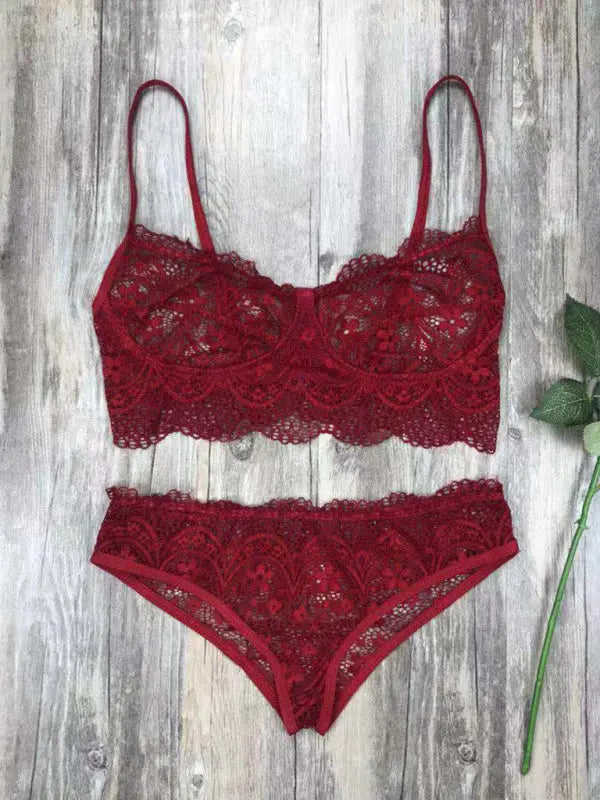 Blue Zone Planet | Lace lingerie set solid color eyelash lace set BLUE ZONE PLANET