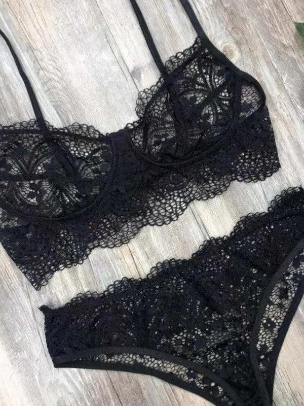 Blue Zone Planet | Lace lingerie set solid color eyelash lace set BLUE ZONE PLANET