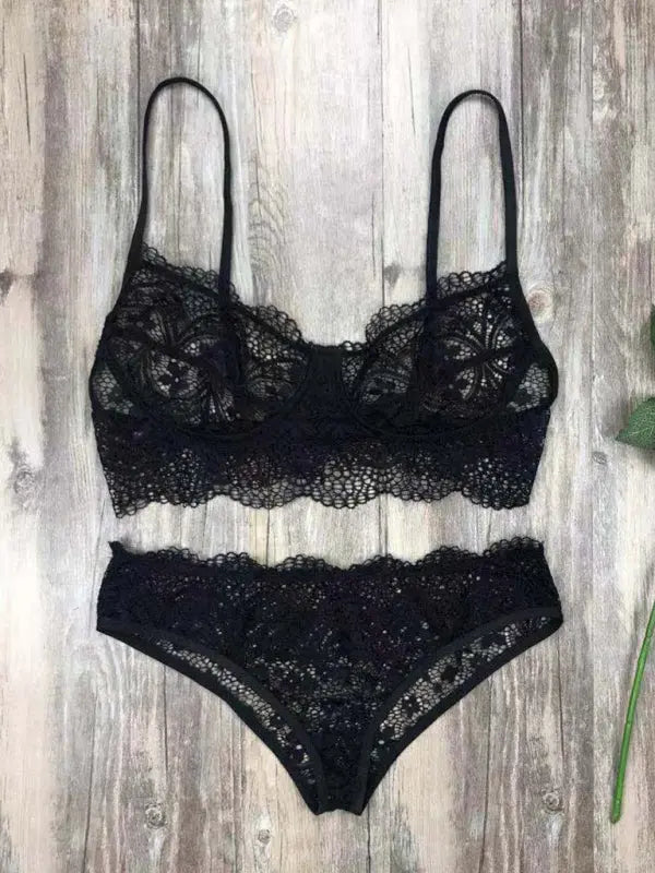 Blue Zone Planet | Lace lingerie set solid color eyelash lace set BLUE ZONE PLANET