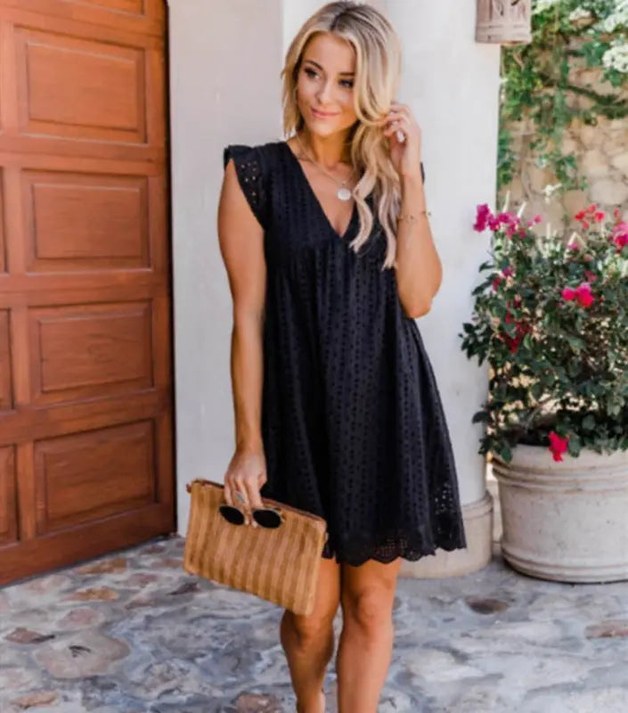 Blue Zone Planet |  Lace stitching V-neck mini dress BLUE ZONE PLANET