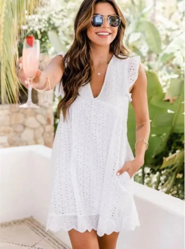 Blue Zone Planet |  Lace stitching V-neck mini dress BLUE ZONE PLANET