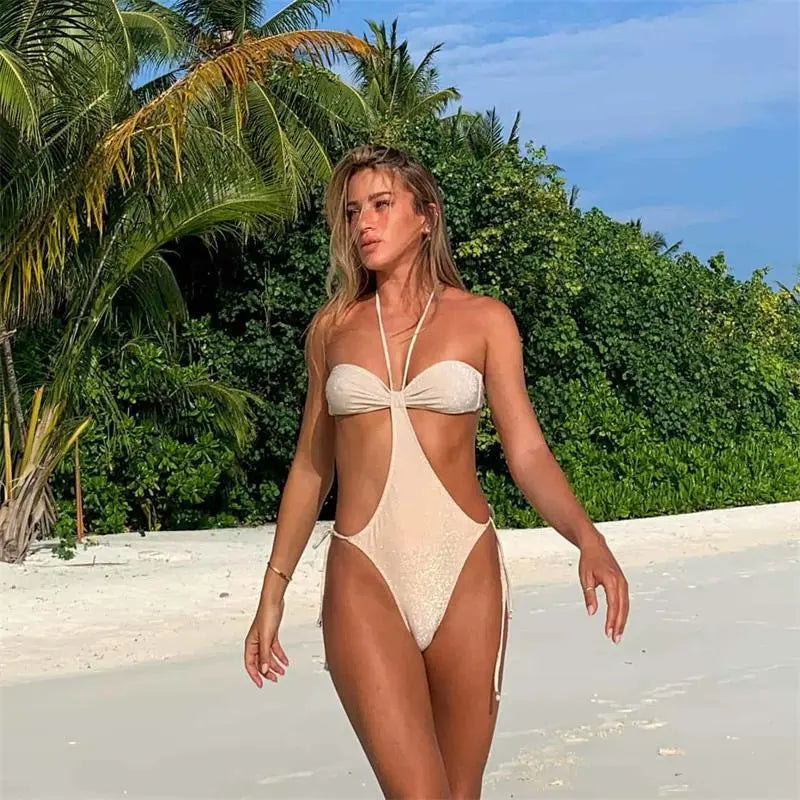 Blue Zone Planet |  Lace-up printed swimsuit with halter neck BLUE ZONE PLANET