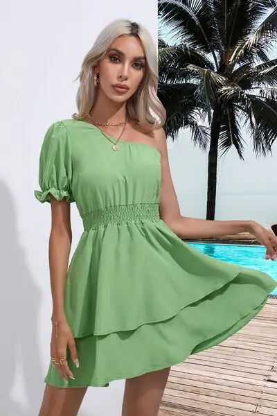 Blue Zone Planet |  Layered Single Shoulder Flounce Sleeve Mini Dress BLUE ZONE PLANET