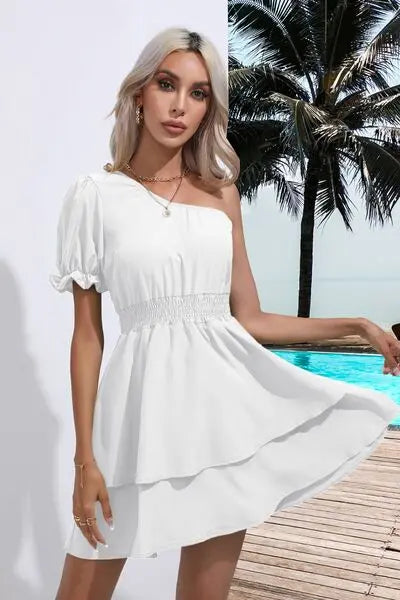 Blue Zone Planet |  Layered Single Shoulder Flounce Sleeve Mini Dress BLUE ZONE PLANET