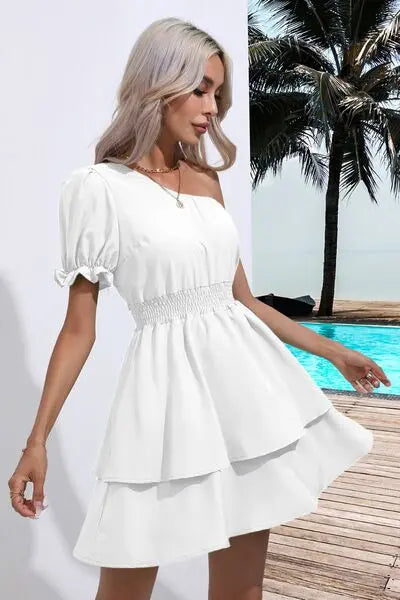 Blue Zone Planet |  Layered Single Shoulder Flounce Sleeve Mini Dress BLUE ZONE PLANET