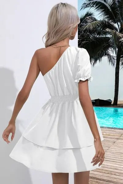 Blue Zone Planet |  Layered Single Shoulder Flounce Sleeve Mini Dress BLUE ZONE PLANET