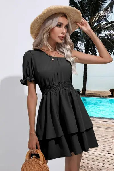 Blue Zone Planet |  Layered Single Shoulder Flounce Sleeve Mini Dress BLUE ZONE PLANET