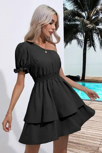 Blue Zone Planet |  Layered Single Shoulder Flounce Sleeve Mini Dress BLUE ZONE PLANET