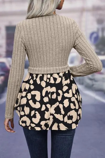 Blue Zone Planet |  Leopard Peplum Round Neck Blouse BLUE ZONE PLANET