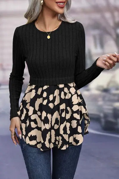 Blue Zone Planet |  Leopard Peplum Round Neck Blouse BLUE ZONE PLANET
