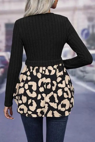 Blue Zone Planet |  Leopard Peplum Round Neck Blouse BLUE ZONE PLANET