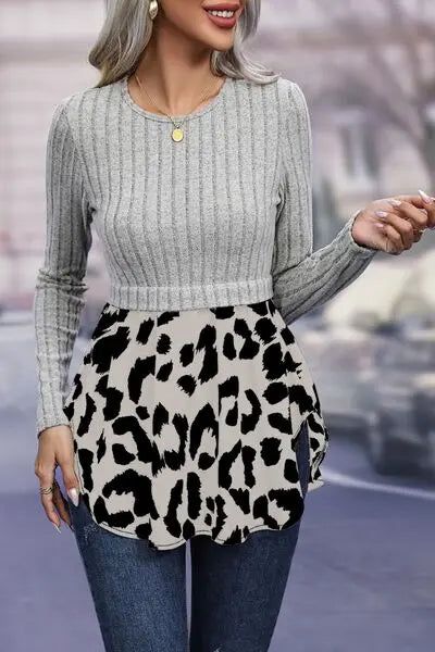 Blue Zone Planet |  Leopard Peplum Round Neck Blouse BLUE ZONE PLANET