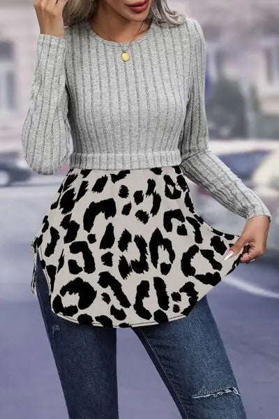 Blue Zone Planet |  Leopard Peplum Round Neck Blouse BLUE ZONE PLANET