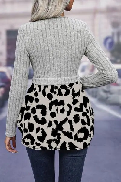 Blue Zone Planet |  Leopard Peplum Round Neck Blouse BLUE ZONE PLANET