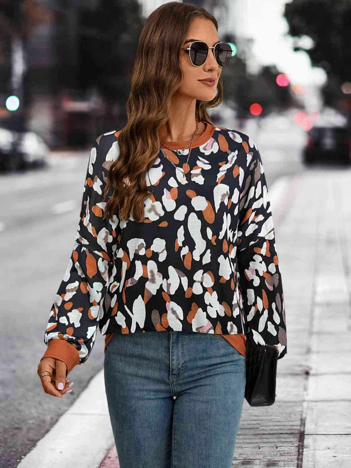 Blue Zone Planet |  Leopard Round Neck Drop Shoulder Sweatshirt BLUE ZONE PLANET