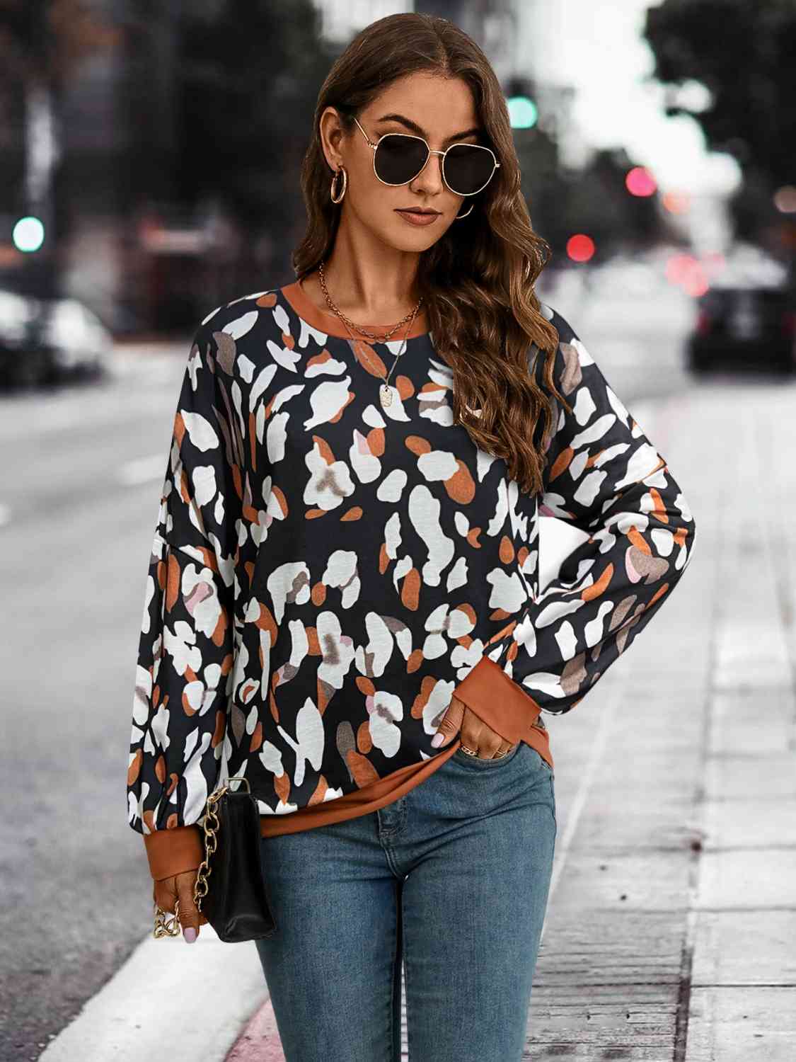 Blue Zone Planet |  Leopard Round Neck Drop Shoulder Sweatshirt BLUE ZONE PLANET