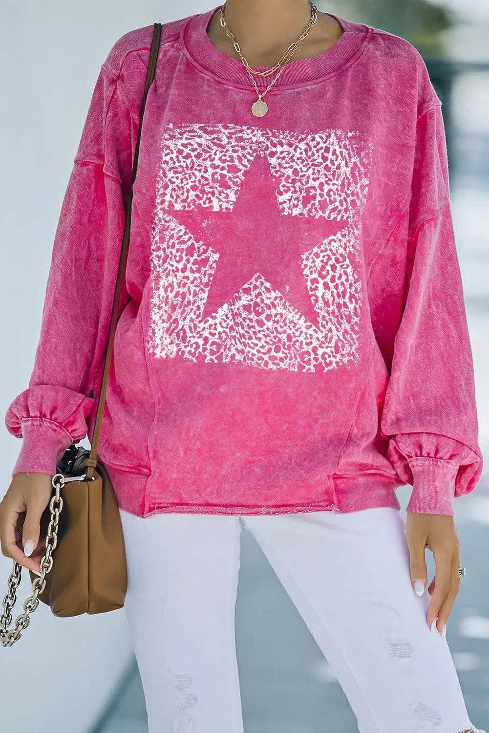 Blue Zone Planet |  Leopard Star Graphic Dropped Shoulder Sweatshirt BLUE ZONE PLANET