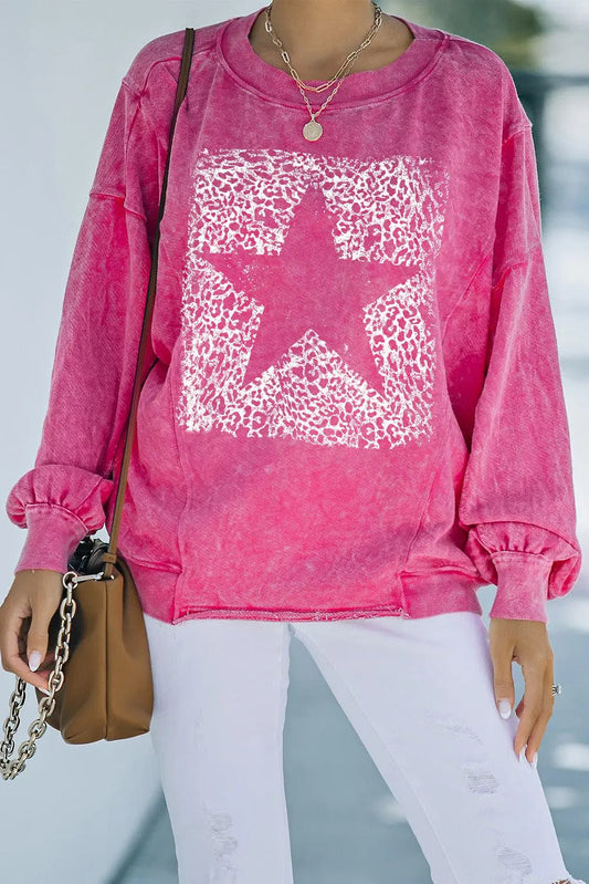 Blue Zone Planet |  Leopard Star Graphic Dropped Shoulder Sweatshirt BLUE ZONE PLANET