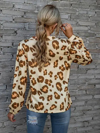 Blue Zone Planet |  Leopard V-Neck Decorative Button Long Sleeve Blouse BLUE ZONE PLANET