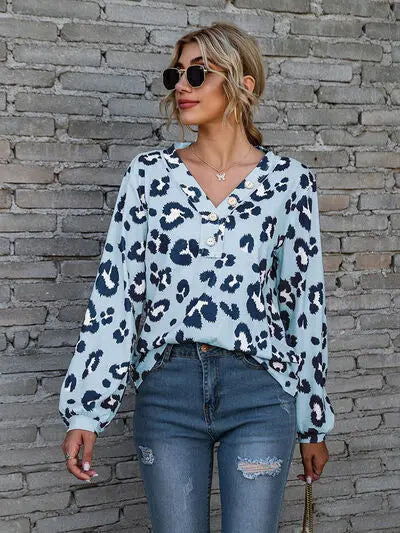 Blue Zone Planet |  Leopard V-Neck Decorative Button Long Sleeve Blouse BLUE ZONE PLANET